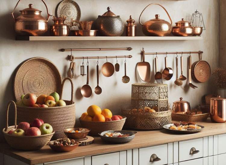 Kitchen space decorated with brass and copper utensils, complemented by decorative fruit baskets for diwali decoration