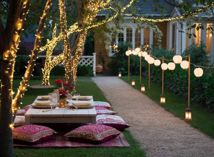 A modern garden space featuring a low table with decorative cushions, complemented by lamps and lanterns along the pathway, and fairy lights wrapped around the trees.