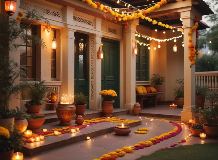A serene porch adorned with marigold flower garlands and petals, enhanced by fairy lights, lanterns, and glowing diyas for a festive touch.
