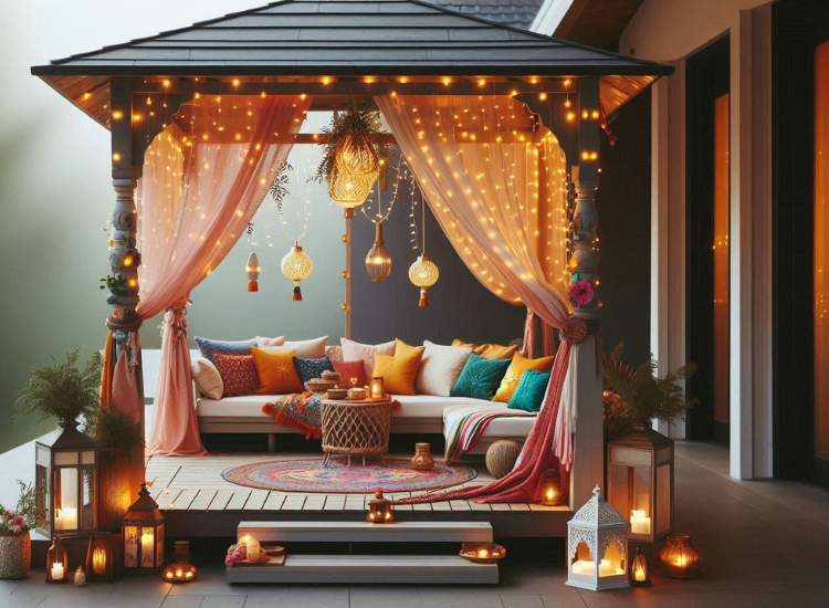 A serene gazebo decorated for Diwali, featuring festive curtains, twinkling fairy lights, lanterns, and glowing diyas for a magical ambiance.