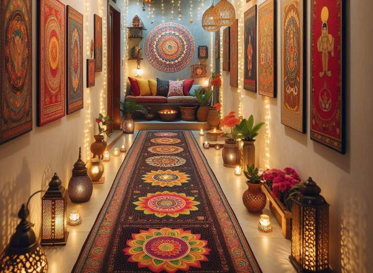 A beautifully decorated hallway for diwali, featuring a rangoli mat, fairy lighting, vintage lanterns and diyas complemented by wall arts