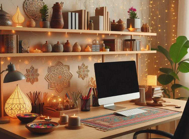 A cosy and warm home office decorated for diwali with lighting, candles and decorative elements