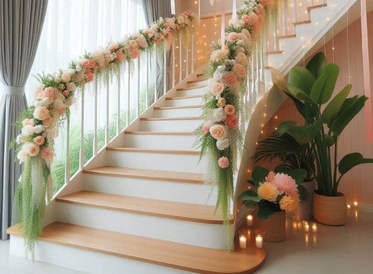 Elegant wooden finish staircase decorated with floral decoration complemented by lighting and diwali diyas