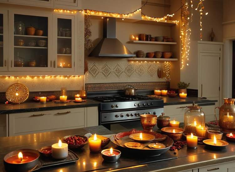 Elegant kitchen decorated with fairy lights on the cabinets and countertops with festive candles and diyas