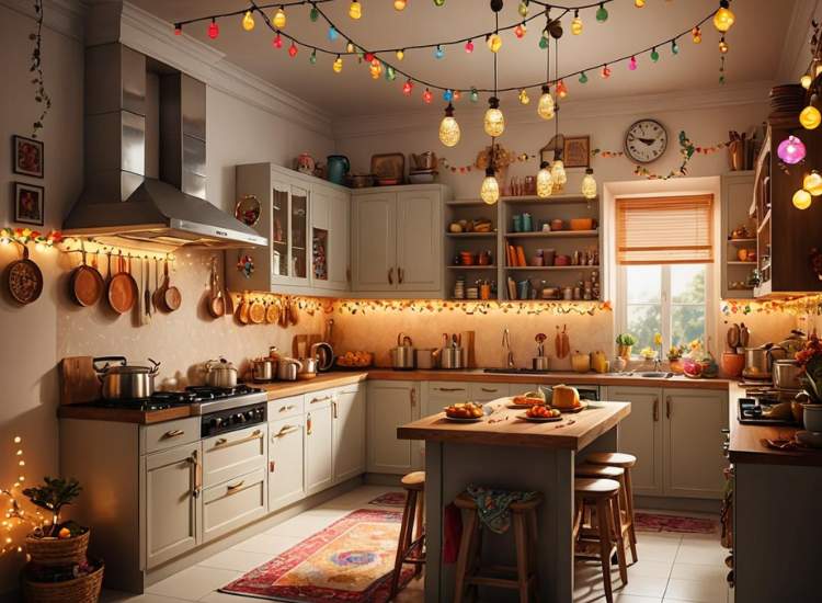 Diwali home decoration ideas for kitchen: Decoration with lighting, small lanterns and diwali stickers on the backsplash of kitchen