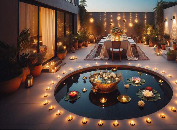 Terrace decor in diwali with dining table