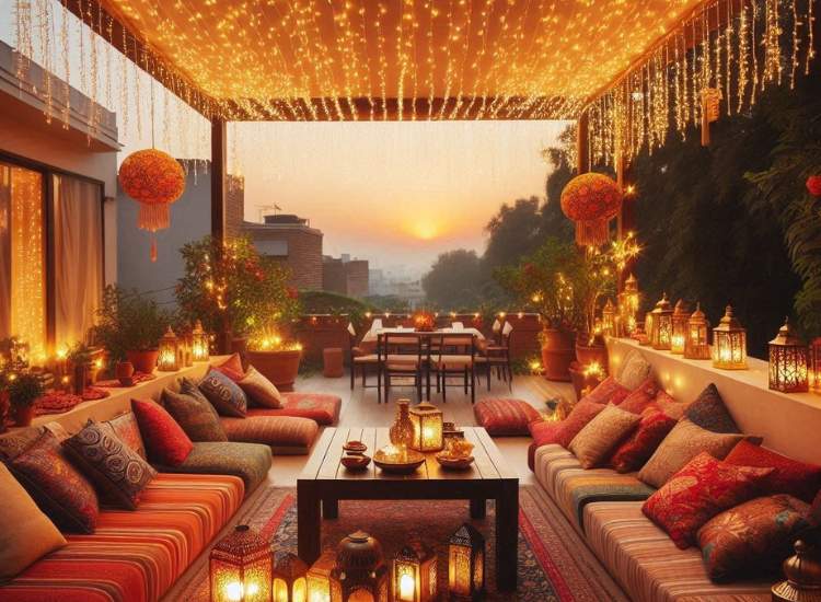 A beautiful terrace adorned with abundant fairy lights, two lanterns, and a cozy sofa with cushions, creating a warm atmosphere at sunset.