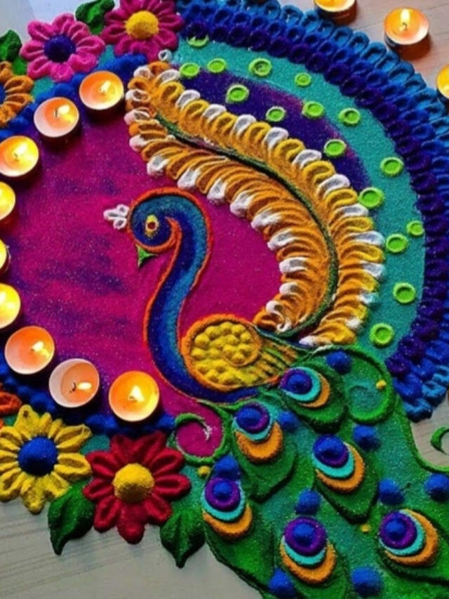 Intricate peacock rangoli created with bright colors, symbolizing beauty and prosperity during Diwali.