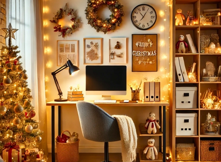 "Festive table Christmas decoration ideas for office with ornaments, candles, and holiday-themed accents."