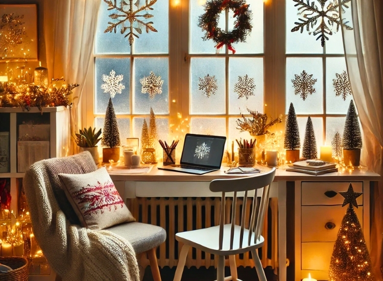 "Cozy up your chair with a festive holiday throw, adding warmth and holiday cheer to your office space."