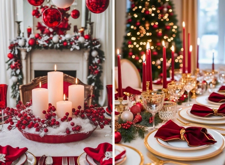 "Centerpiece with candles, pinecones, and berries adds seasonal charm. christmas tree png completes the festive look."