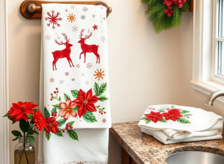 "Festive hand towels with Christmas prints add holiday spirit. christmas tree png enhances the festive décor."
