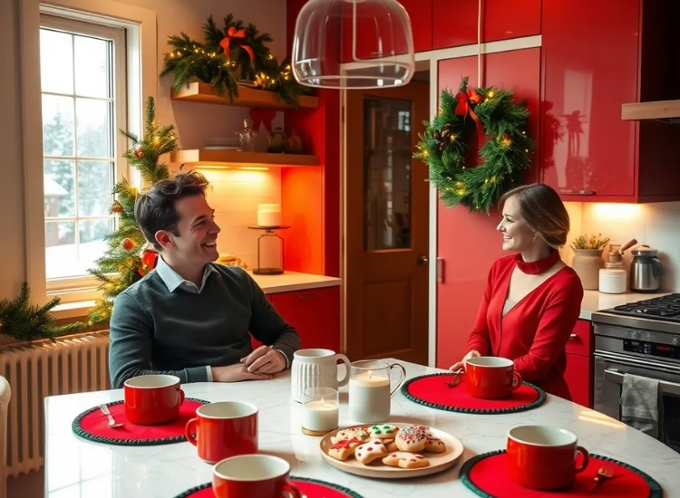 "Festive placemats on the breakfast table create a holiday vibe. christmas tree picture enhances the seasonal décor."