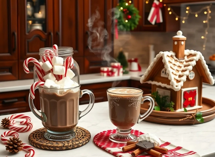 "Hot chocolate station with candy canes and marshmallows adds festive fun. christmas tree drawing image completes the cozy setup."