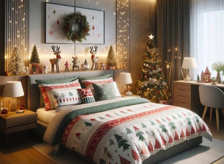 "Christmas-themed bed sheets and pillowcases bring festive warmth. christmas tree png complements the holiday bedroom look."