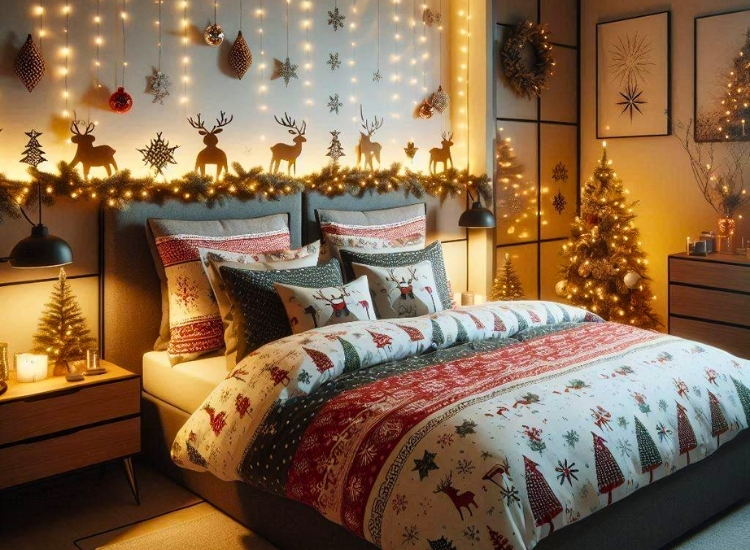 "Christmas-themed bed sheets and pillowcases bring festive warmth. christmas tree png complements the holiday bedroom look."