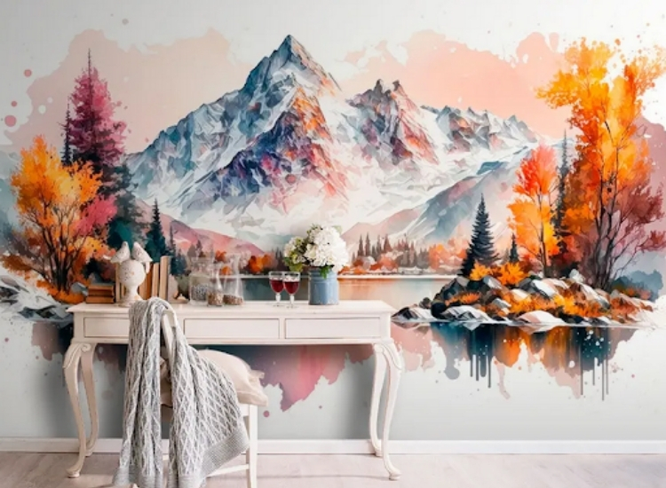 Watercolour meadowed mountain wallpaper