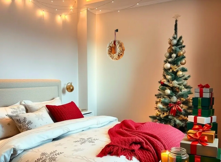 "Wrapped gift boxes placed in a corner add holiday charm. christmas tree picture completes the festive look."