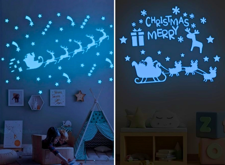 "Glow-in-the-dark Christmas stickers on walls create a magical vibe. christmas tree drawing image adds to the festive spirit."