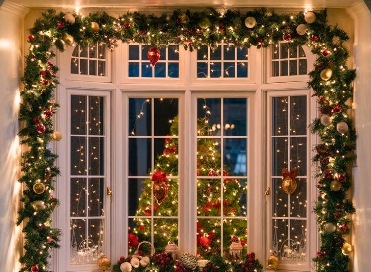 "Twinkling fairy lights along window frames brighten up the room. christmas tree picture glows nearby."