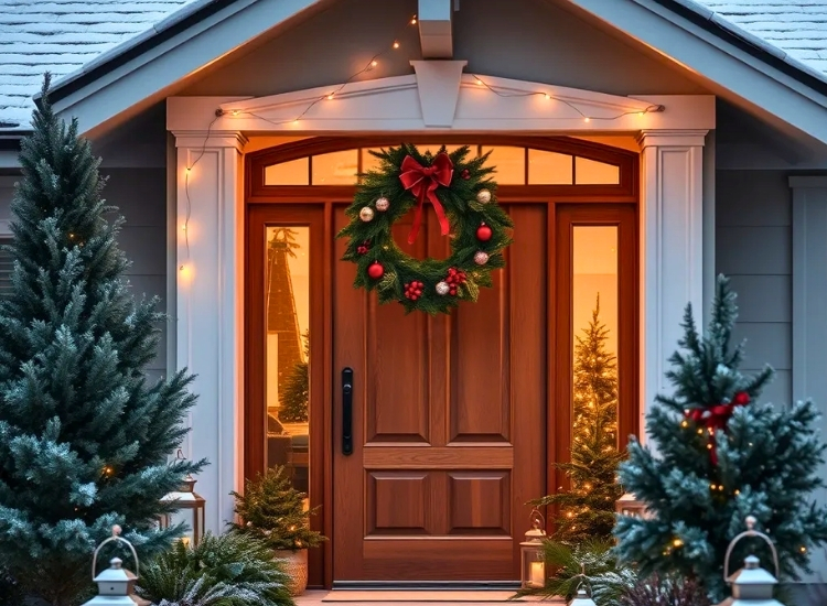 "Bold Christmas wreath on the front door welcomes festive spirit. christmas tree picture adds to the holiday charm."