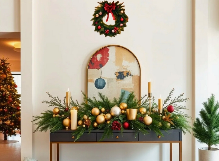 "Console table decorated with candles and ornaments adds festive elegance. christmas tree drawing image enhances the décor."
