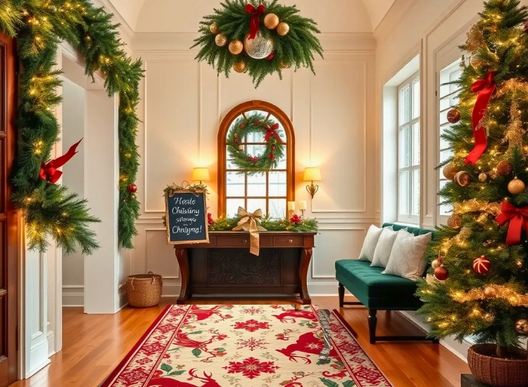 "Holiday-themed rugs in the hallway add festive warmth. christmas tree drawing image completes the seasonal decor."