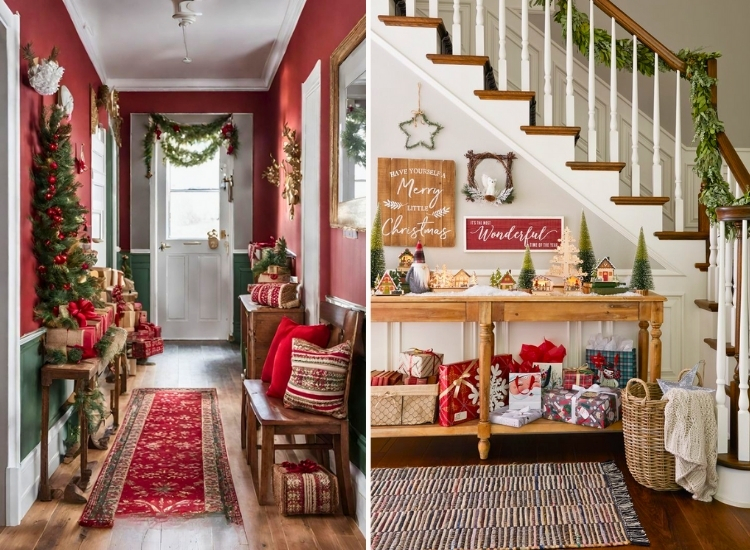 "Wrapped gifts placed along the entryway add festive charm. christmas tree picture completes the holiday entrance."