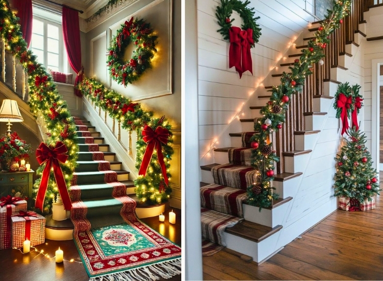 "Staircase decorated with garlands, lights, and bows creates a festive display. christmas tree drawing image complements the holiday vibe."