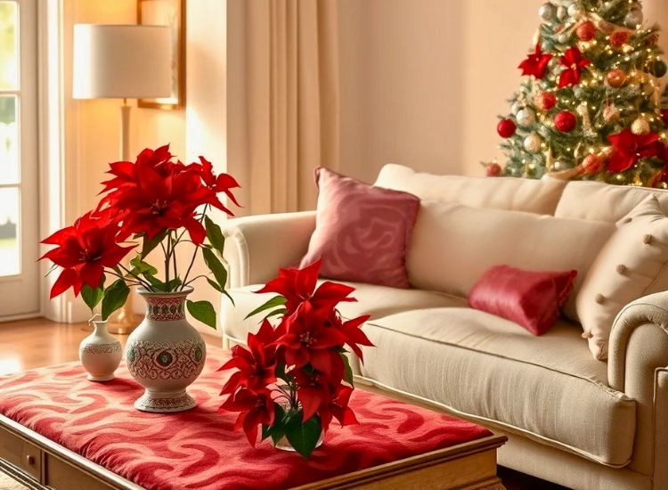 "Bright poinsettias add natural festive charm to the decor. christmas tree png complements the holiday theme."
