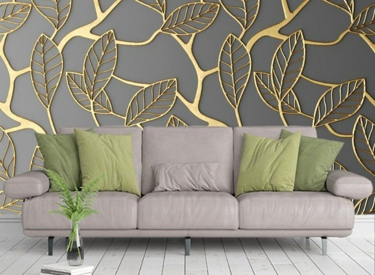 Grey and gold leaf wallpaper design