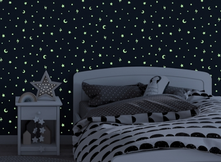 Moon and stars glow in the dark wallpaper