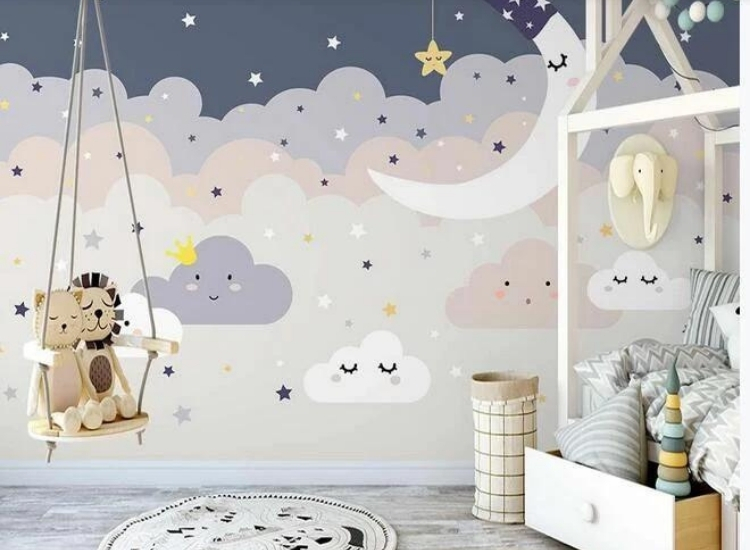 Cartoon clouds kids room wallpaper