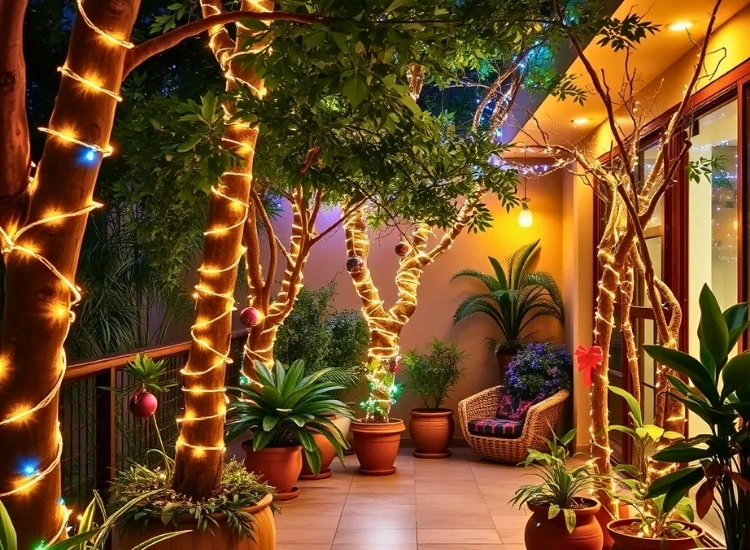 "Lights wrapped around trees and plants outdoors, adding a festive glow. Christmas tree picture included."