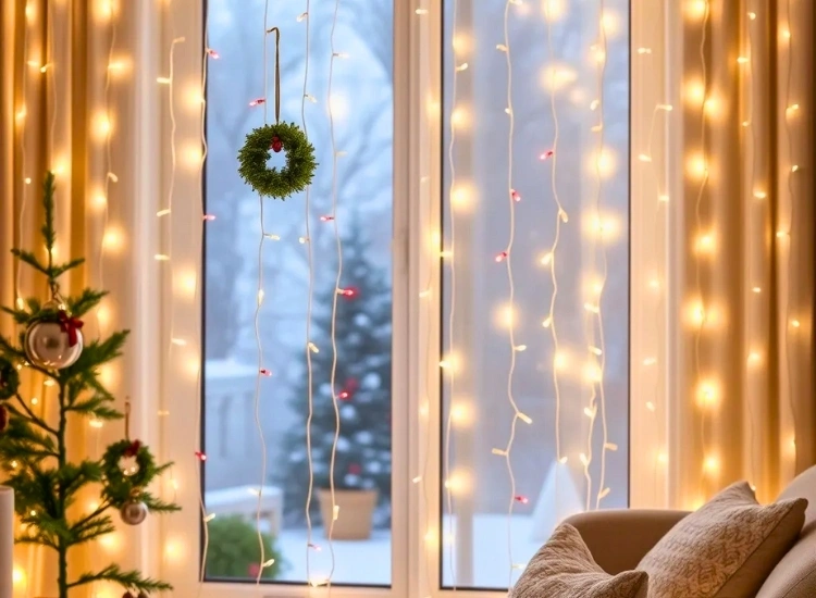 "Light curtain in the living room, creating a magical holiday atmosphere. Christmas tree png included."