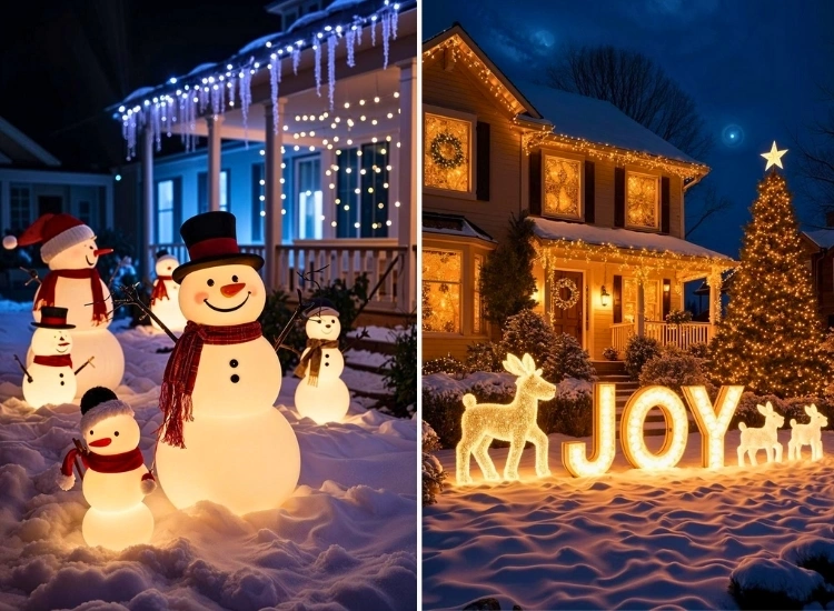 "Solar-powered lights placed in the garden, adding a festive glow. Christmas tree drawing image included."