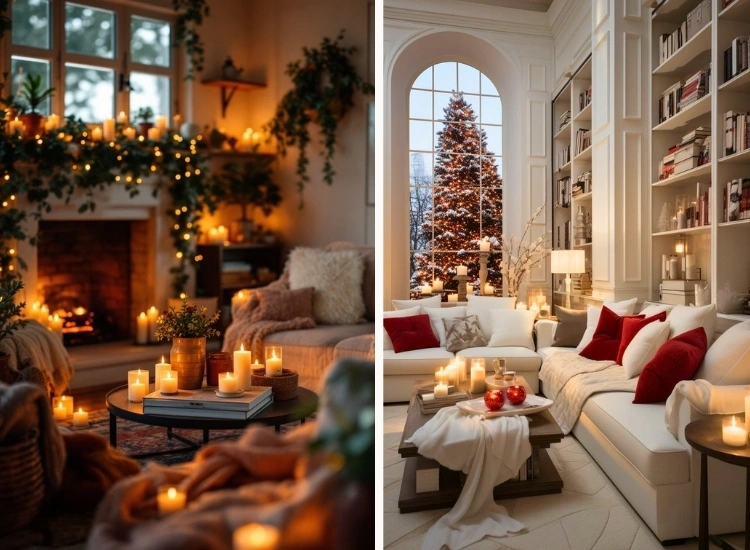 "LED Christmas candles placed in every room, creating a warm, festive glow. Christmas tree picture included."