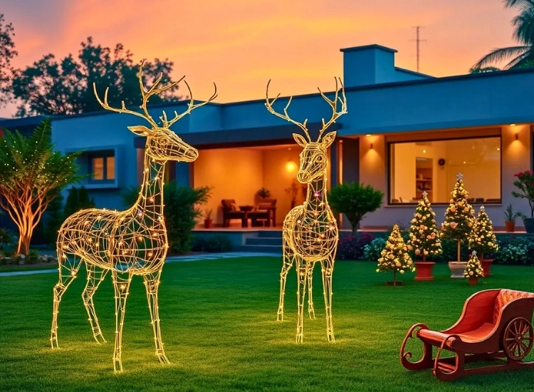 "Lighted reindeer placed in the yard, bringing a festive glow. Christmas tree picture included."