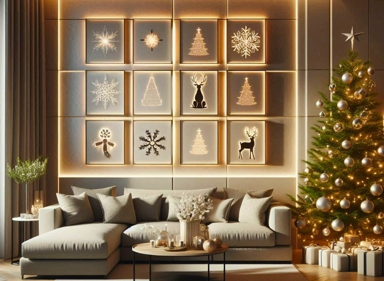 "Backlit holiday artwork gallery on the wall, creating a warm, festive vibe. Christmas tree picture included."