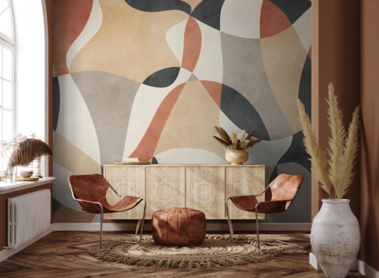 Boho geometric abstract art wallpaper mural for hallway