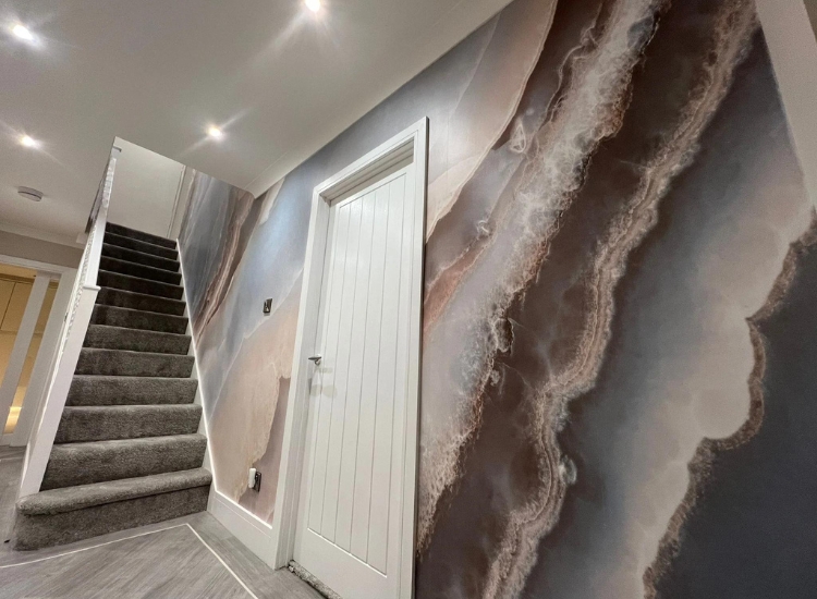 Unique printable lace textures in marble effect as hallway wallpaper