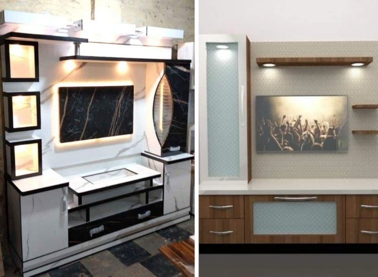 "Particle board TV unit design, offering an affordable and practical solution for budget-friendly units with modern aesthetics and functionality."