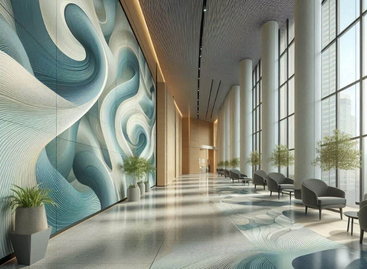 Large commercial hallway wallpaper design in curved and blue hues