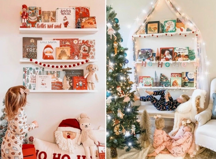 "Christmas books displayed on a shelf add festive charm. christmas tree picture completes the holiday look."