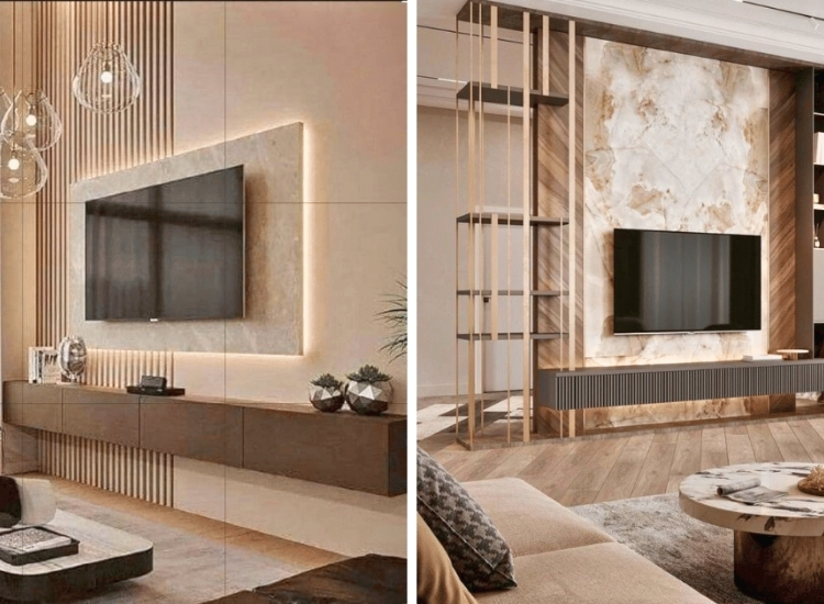"Luxury TV unit with built-in audio system, combining high-end design and premium sound quality for an elegant, immersive living room experience."