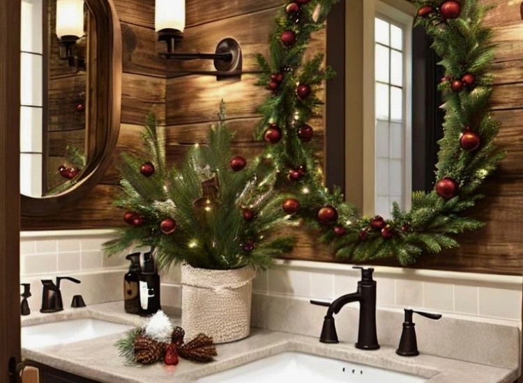 "Small wreath added to the mirror brings a festive touch. christmas tree picture enhances the holiday décor."