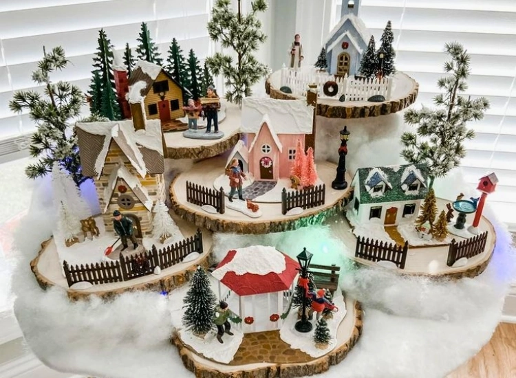 "Christmas village crafted from recycled materials, adding eco-friendly charm. Christmas tree picture included."