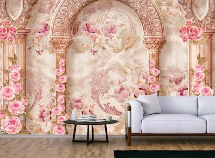 "Add architectural elegance with living room wallpaper design featuring columns or arches, elevating your space with sophisticated wallpaper for living room decor ideas."