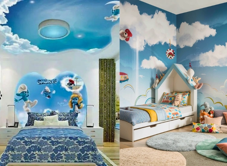 "Add playful cartoon clouds and sky adventures in bedroom wallpaper designs for a fun and imaginative bedroom decor."
