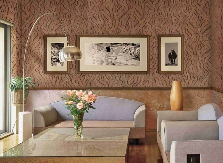 "Create warmth and texture with cork living room wallpaper design, using wallpaper for living room to add a cozy and inviting decor idea."